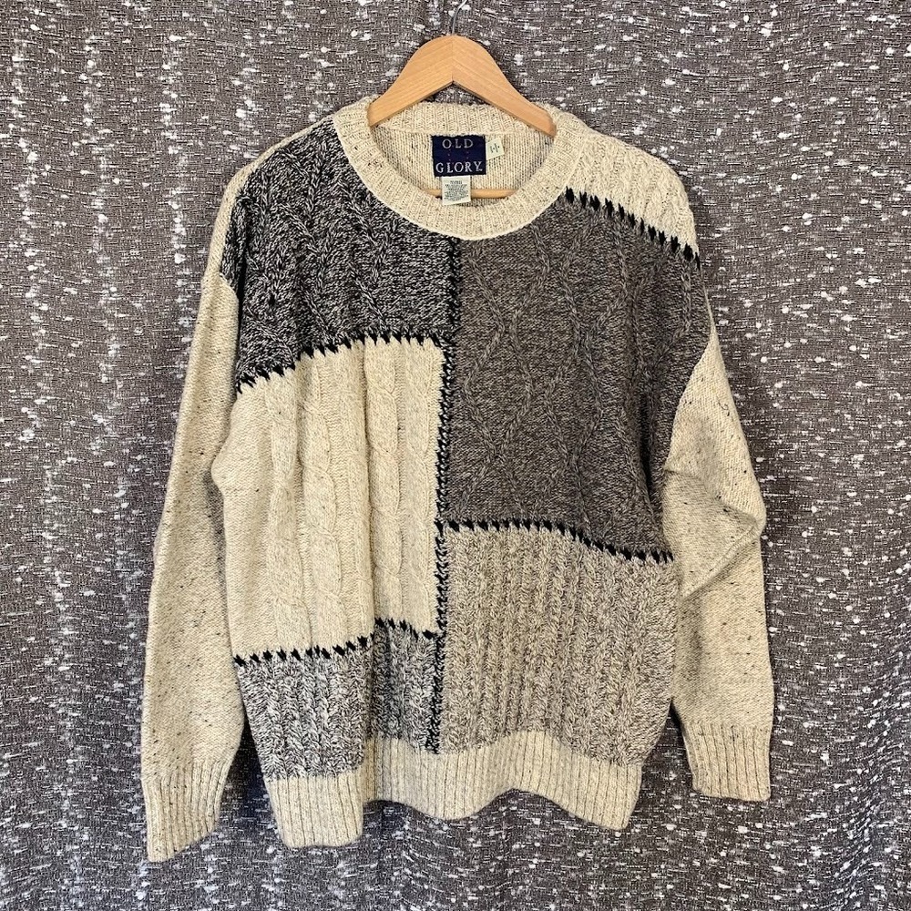Vintage Old Glory Knit Patchwork Pullover Sweater Wool Blend‎ Men's Medium